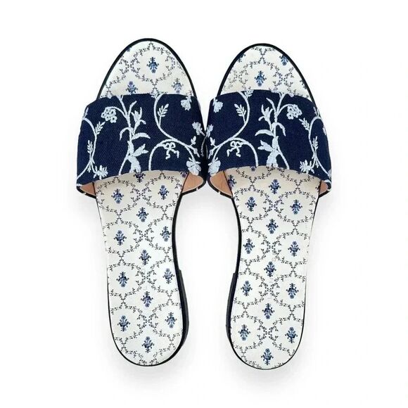 Hill House Shoes - Hill House The City Slide in Navy Embroidery - Blue Floral Mule Sandals sz 41